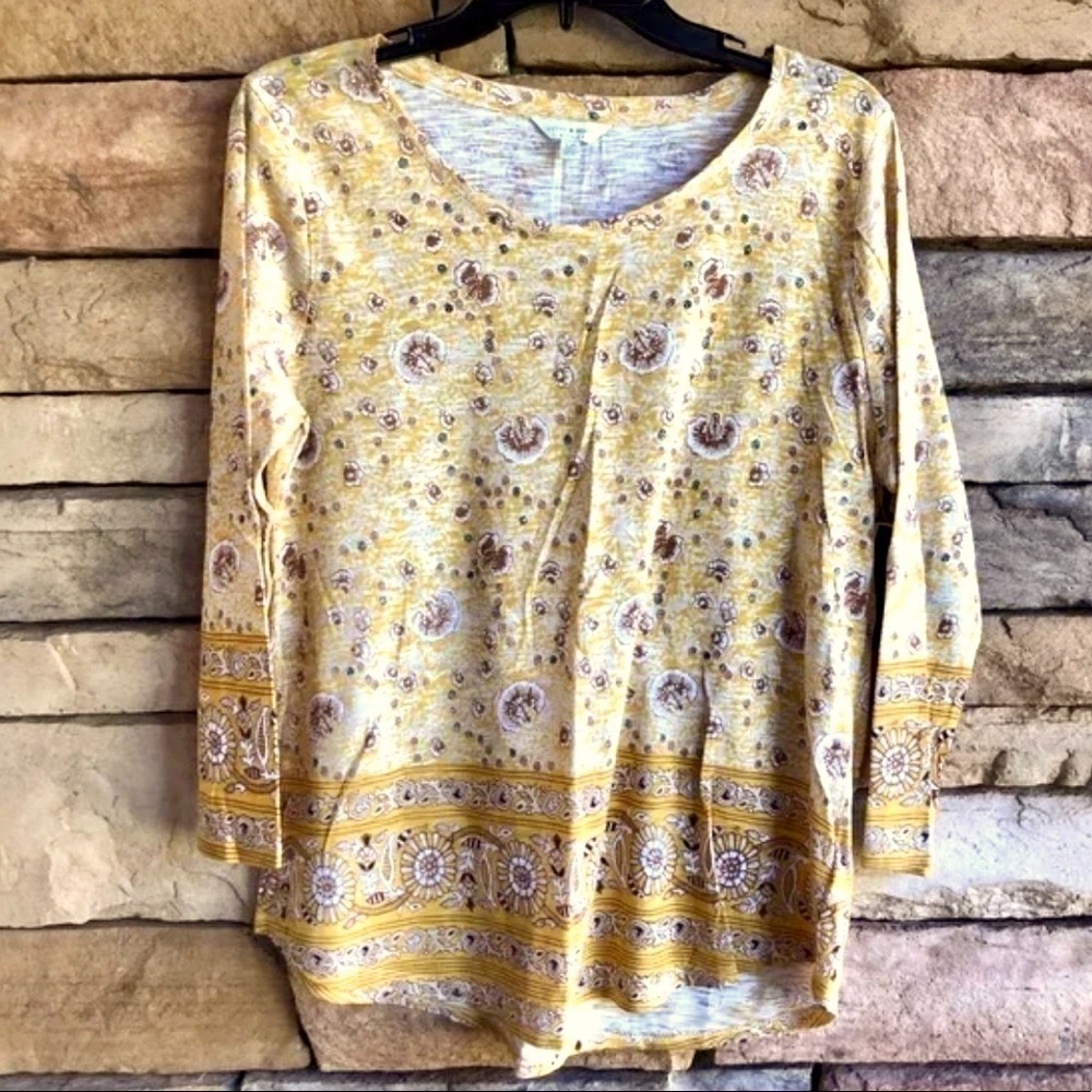 Lucky Brand yellow bohemian print long sleeve top women’s size S